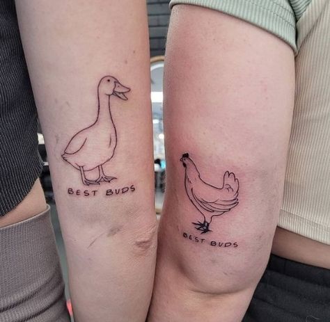 Best Friend Tattoos Funny Silly, Matching Friends Tattoo Tv Show, Best Friend Duck Tattoos, Cute Friends Tattoos, Funny Simple Matching Tattoos, Matching Country Tattoos For Best Friends, Matching Nature Tattoos Best Friends, Quirky Best Friend Tattoos, Silly Friend Tattoos