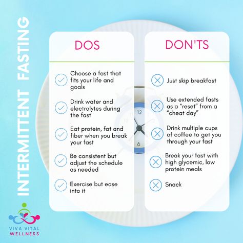 Thinking about starting intermittent fasting? Here are some key dos and don'ts to keep in mind!  
Follow us for more tips!

.
.
.
#IntermittentFasting #HealthyLiving #WellnessTips #VivaVitalWellness Dos And Don'ts, Cheat Day, Protein Foods, Intermittent Fasting, Wellness Tips, Keep In Mind, Follow Us, Healthy Living, Key