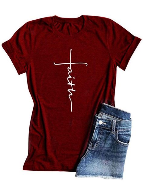 Summer Cotton Tops, Letter Print Tee, Summer Graphic Tee, Shirt Design Inspiration, Faith Shirt, Inspirational Shirt, Casual Street Style, Print Pullover, Christian Shirts