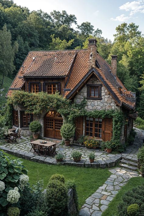 Whimsical Woodland Home 🌳🏠 Cottage And Farmhouse Style, Storybook Stone Cottage, Cottage In Forest Aesthetic, Cottage Core House Outside, Story Book Cottage House, Cottage In The Countryside, Cottage Houses Inside, Brick Cottage House Plans, Witchy House Aesthetic Exterior