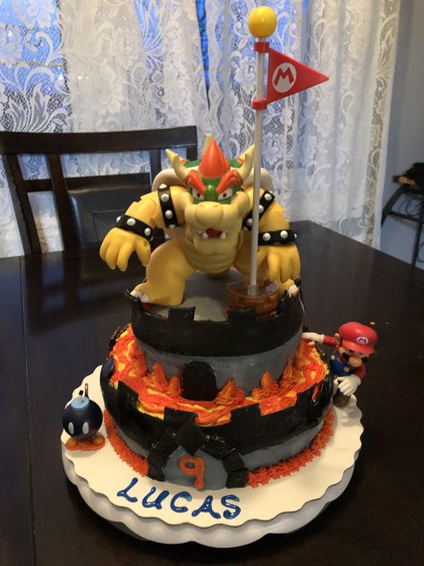 Super Mario And Bowser Cake, Bowser Birthday Cake Ideas, Super Mario Bros Movie Cake, Bowser Theme Birthday, Bowser Birthday Party Cake, Super Mario Cake Bowser, Mario And Bowser Cake, Bowser Cake Ideas, Bowser Theme Party