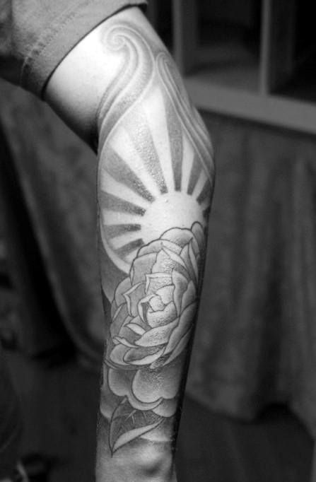 Gentleman With Rising Sun Rose Flower Forearm Sleeve Tattoo Sunbeam Tattoo, Sun Tattoo Sleeve, Rising Sun Tattoo, Eden Tattoo, Sun Rays Tattoo, Rising Sun Tattoos, Sunrise Tattoo, Tattoo Sonne, Sky Tattoos