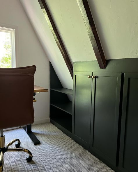 The attic on the fourth floor of our Joyce Lane project, previously an unusable area, has transformed into a cozy and highly functional office complete with bookshelves and storage. It’s truly gratifying to see small spaces like this come to life! Annapolis interior design. Arnold interior design. Attic renovation. Slanted ceilings. Stairway renovation. #intudesign @miahski Home Office Angled Ceiling, Angled Doors Attic, Office With Slanted Ceiling, Built In Slanted Ceiling, Attic Built Ins Slanted Walls, Slanted Ceiling Office, Stairway Renovation, Attic Built Ins, Functional Office