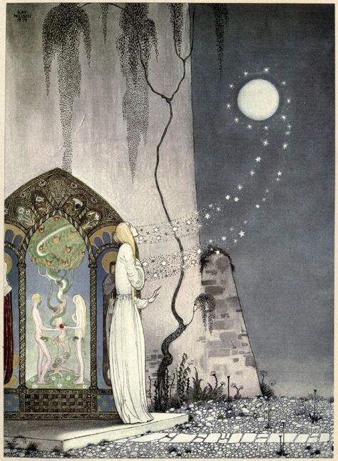 1914 Scandinavian Fairy Tale Illustration "She could not help setting the door a little ajar, just to peep in, when—Pop! out flew the Moon." Looking At The Stars, Sweet Moon, Kay Nielsen, East Of The Sun, Edmund Dulac, Fairy Tale Illustration, Arthur Rackham, Fairytale Illustration, Alphonse Mucha