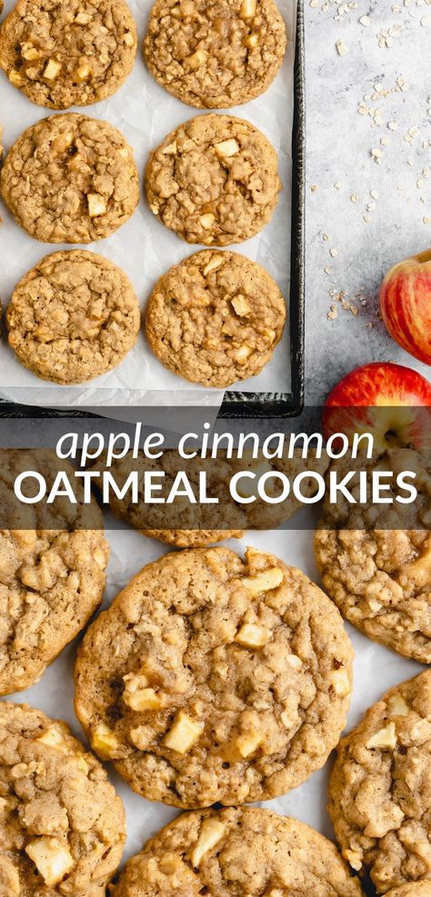 Apple Cinnamon Oatmeal Cookies - Deliciously thick, soft, and chewy oatmeal cookies that are perfectly spiced and packed full of juicy apple chunks. These are the best cookies to start your autumn baking with! Apple Cinnamon Oatmeal Cookies, Soft And Chewy Oatmeal Cookies, Apple Cookies Recipes, Cinnamon Oatmeal Cookies, Oat Cookie Recipe, Chewy Oatmeal Cookies, Apple Oatmeal Cookies, Autumn Baking, Best Oatmeal Cookies