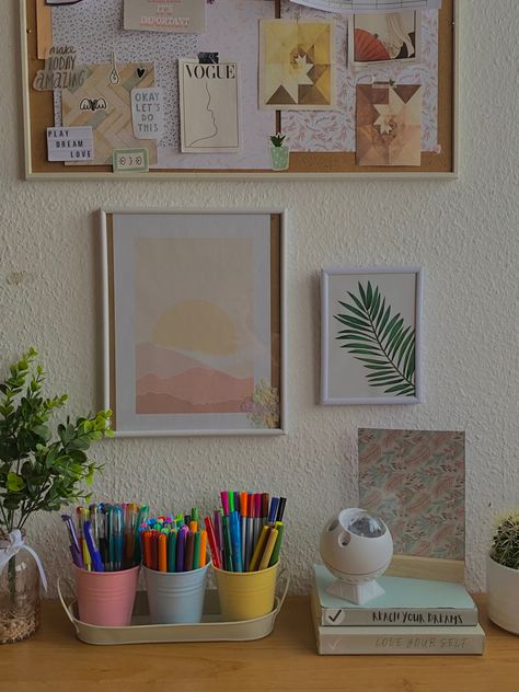 Study table pictures with pen holder and fake plant Study Table Makeover Ideas, Aesthetic Table Decor Study, Study Table Plant Decor, How To Decorate Study Table Wall, Indian Desk Setup, How To Decorate Study Room, Study Table Diy Ideas, Study Table Asethic, Aesthetic Posters For Study Table