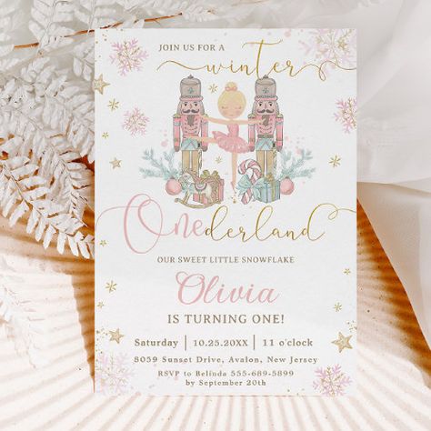 $3.09 | The Nutcracker Winter Onederland 1st Birthday | Birthday Invitations | winter onederland wonderland, 1st birthday party turning one, the nutcracker 1st birthday party, clara and the nutcracker ballet, sweet pastel soft delicate, blush pink gold glitter snowflakes, christmas first birthday party, presents candy cane rocking horse, whimsical, chic cute sweet girly holidays Girls Winter Onederland Birthday, Winter Onederland Party Invitations, Winter Kids Birthday Party Ideas, New Years First Birthday Party, 1st Birthday Christmas Theme Girl, It’s The Most Onederful Time Of The Year Birthday, One Year Old Birthday Party Girl Winter, Winteroneder Land Theme Party, December 1st Birthday Party Girl