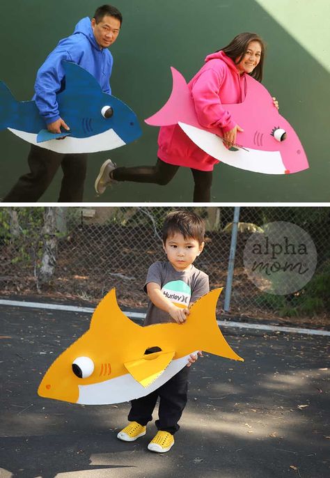 Baby Shark (and Family) Halloween Costume DIY by Brenda Ponnay for @alphamom Diy Shark Costume, Baby Shark Costume, Shark Halloween Costume, Shark Baby Costume, Perlengkapan Bayi Diy, Shark Halloween, Handmade Halloween Costumes, Shark Costume, Newborn Halloween Costumes