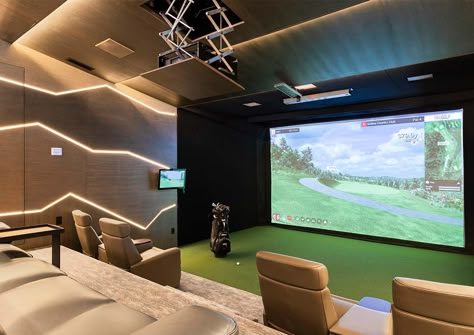 Eastern-Inspired Craftsman – Magleby Construction Golf Lounge Interior, Golf Zone, Simulator Room, Home Golf Simulator, Indoor Golf Simulator, Golf Simulator Room, Garage Game Rooms, Golf Room, Home Theater Room Design