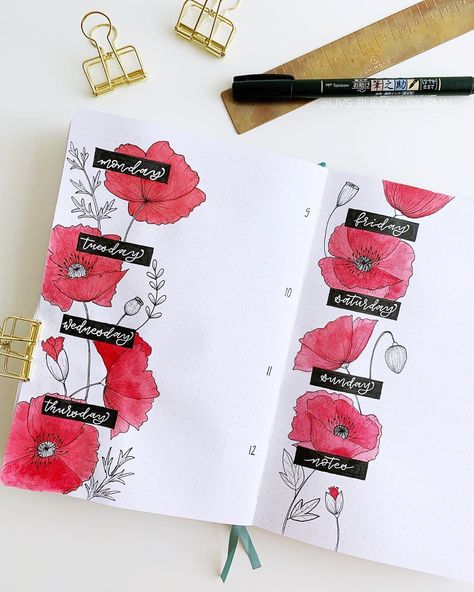 Bujo Weekly Spread, Bullet Journal Weekly Spread, Flower Theme, Free Script Fonts, Bullet Journal Aesthetic, Bullet Journal Notebook, Bullet Journal Design Ideas, Dot Journals, Bullet Journal Themes