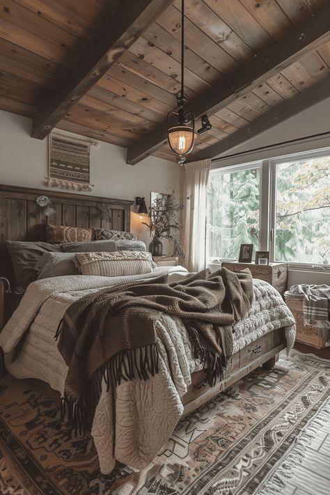 29 Boho Bedroom For Men Ideas 28 Western Bedding Sets Rustic, Bohemian Western Bedroom, Rustic Boho Bedroom Decor Vintage, Western Bedrooms Master, Rustic Dark Bedroom, Modern Rustic Bedroom Design, Modern Rustic Bedding, Farmhouse Master Bedrooms Decor Ideas, Wood Beams In Bedroom