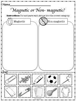 Cut, paste and sort objects under the correct property. ACARA- Natural and processed materials have a range of physical properties that can influence their use (ACSSU074) Magnet Worksheets Free Printable, Forces And Magnets Year 3, Magnet Inquiry Kindergarten, Pre K Magnet Activities, Magnetic And Non Magnetic Worksheet, Array Worksheets, Physical Properties, Magnet Crafts, Properties Of Materials