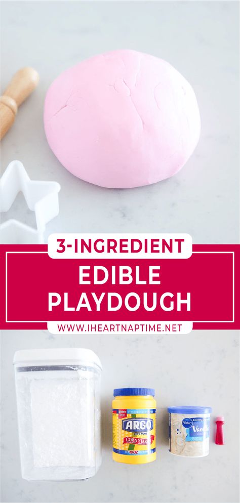 Get ready for hours of yummy fun with this edible playdough recipe! Frosting, powdered sugar, cornstarch, and food coloring are all you need to make a perfectly pliable ball of dough. A fun and safe craft activity for kids of all ages! Edible Sensory, Edible Play Dough Recipe, Edible Sensory Play, Edible Playdough, Thinking Putty, 2 Ingredient Recipes, Edible Slime, Homemade Playdough Recipe, Kid Friendly Crafts