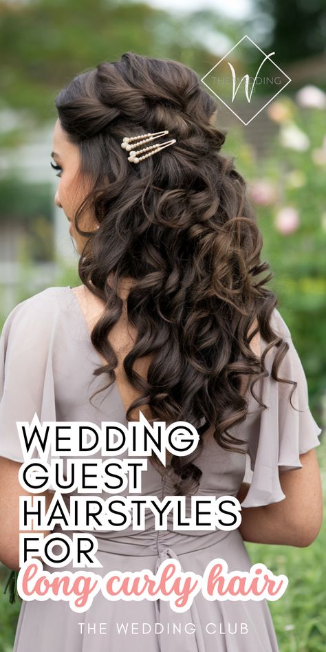 Got long, curly hair? This list of 40+ wedding guest hairstyles is designed just for you! Discover stunning ways to enhance your natural curls, from romantic updos to half-up styles and loose, defined curls. Perfect for outdoor or formal weddings, these curly hairstyles will make you stand out in the best way. Click for tips, inspiration, and tutorials on how to achieve each look! #curlyweddinghair #longcurlystyles #weddingguesthairstyles Curly Hairstyle For Wedding Guest, Natural Curly Hair Formal Styles, Curly Wedding Hairstyles Half Up, Long Curly Hairstyles For Wedding Guest, Curly Hair For Wedding Guest, Long Wavy Hairstyles For Wedding, Formal Wedding Guest Hairstyles, Bridesmaid Hairstyles For Curly Hair, Wedding Guest Curly Hairstyles