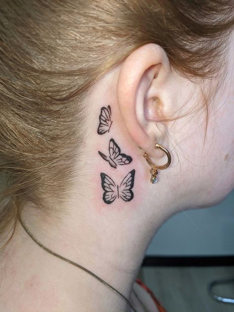 Three Butterfly Tattoo, Ear Butterfly Tattoo, Butterfly Tattoo Behind Ear, Tattoo Behind Ear, Tat Ideas, Human Art, Tattoo Inspo, Butterfly Tattoo, Ear Tattoo