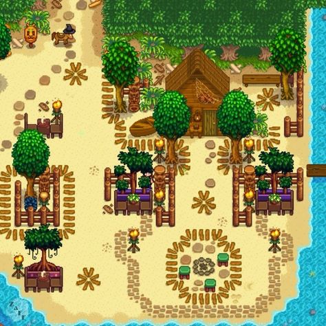 Bringing back Stardew Sunday!🌲🌱 The 1.6 update has made me bring this back!! Each Sunday I will share a post of my favourite farm design that I’ve come across in the week!🤎 For this week, I’ve chosen this wonderful beach area! I found this on Pinterest, uploaded by ZaffLuto🌊 I love how they’ve made a lil campfire seating area🥹 so cute!! If you have any screenshots of your own Stardew farm, please do send them over & I’ll include them in the weekly posts🥰 I’ve tagged some of my favourite... Stardew Valley Path Design, Stardew Valley Beach Decoration, Stardew Valley Farm Layout Beach Aesthetic, Stardew Valley Fishing Farm Layout, Tree Farm Stardew Valley, Stardew Valley Standard Farm Layout Ideas, Stardew Valley Beach Farm Design, Beach Stardew Valley, 4 Corners Farm Stardew Layout