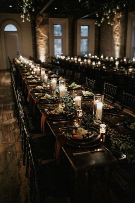 How To Incorporate Black Wedding Decorations In Your Wedding Dark Wedding Theme Bridesmaid Dresses, Moody Black And Green Wedding, Speak Easy Themed Wedding, Night Time Wedding Decor, Black Themed Wedding Decoration, Dark Fairy Tail Wedding, Winter Dark Wedding, Soft Grunge Wedding, Black And Wine Wedding Theme