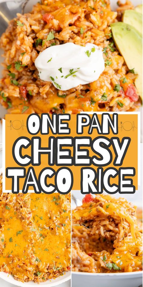 Cheesy Taco Rice is an easy one pan meal bursting with all the taco flavor you love! It's a weeknight favorite that the whole family will love with it's melty cheese and loaded taco rice - the best part is that dinner can be ready in 30 minutes with this one pan wonder. One Pot Taco And Rice, Instant Pot Cheesy Taco Ground Beef And Rice, Easy Weeknight Mexican Dinners, Mexican Food Recipes With Rice, One Pan Taco Rice Dinner, Taco In A Pan, Taco Beef And Rice Casserole, Taco Rice Crockpot Recipes, Mexican Food Recipes Rice