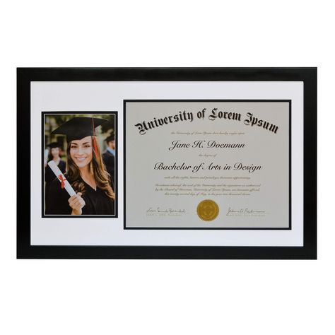 PRICES MAY VARY. Frame for Diploma and Photo: This 11x18 graduation frame is perfect for displaying a diploma and cherished graduate photo. This diploma frame includes a 2-opening mat and hanging hardware for easy wall display in both horizontal and vertical formats. 8.5x11 Certificate Frame: These college degree frames display both a degree certificate and a 5x7 inch photo. Show off a high school or college graduation photo alongside a certificate. Holds the standard size 8.5x11 inch certificat Diploma Frame Ideas, Degree Frame, Graduation Picture Frames, Graduate Photo, Graduation Frame, College Graduation Photos, Home Office Library, Document Frame, Certificate Frames