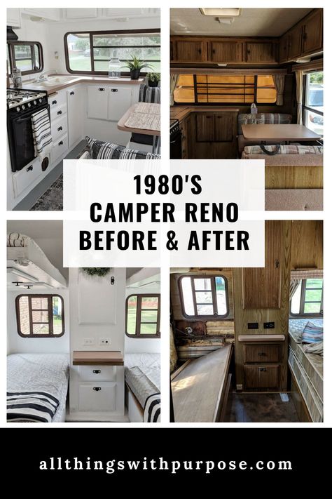 Our 80’s Glamper Many people have inquired about the 1987 vintage camper that we renovated. Since posting about it, we have sold the camper, but I want to take a quick journey back through the restoration process. We took this drab, outdated camper and turned it into a modern glamper in the time span of … Husbil Makeover, Vintage Campers For Sale, Vintage Trailer Remodel, Motorhome Remodel, Vintage Camper Interior, Camper Reno, Chuck Box, Camper Trailer Remodel, Camping Diy