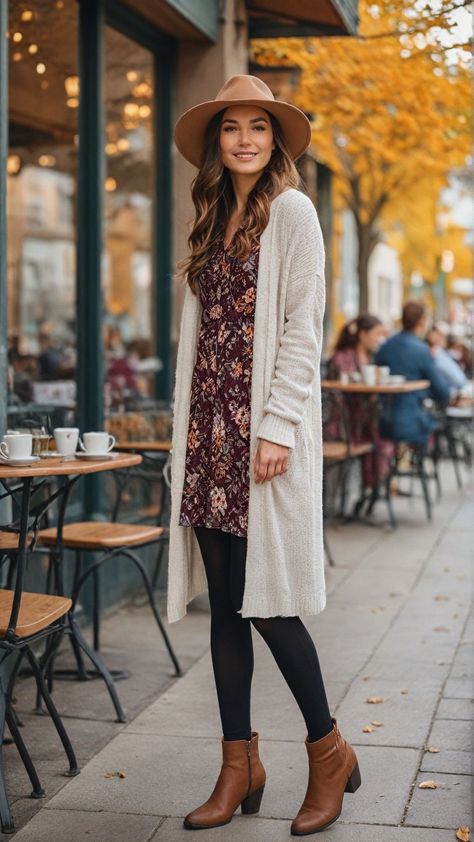 Long Sweater Work Outfits, Long Cardigan Work Outfit, Fall Boho Chic Outfits, Dress And Cardigan Outfit Winter, Boho Chic Fall Outfits, Dresses With Cardigans, Long Cardigan Outfit Fall, Church Outfit Fall, Dressy Fall Outfits