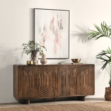 Holmes Four Door Mango Wood Sideboard in Brown by Kosas Home - 78Wx18Dx25H - Bed Bath & Beyond - 39505845 How To Decorate A Sideboard, Mango Wood Sideboard, Serve Ware, Buffets And Sideboards, Wood Buffet, Solid Wood Sideboard, Wood Sideboard, Decor Home Living Room, Mint Julep