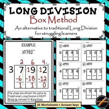 26 worksheets of Long Division with the Box Method which is a horizontal graphic instead of the traditional vertical graphic. This is a must for struggling learners. The steps are almost the same but much easier to remember and has "clicked" with many of my students. Teacher Corner, Teaching Math Strategies, Education Tools, Maths Ideas, Math Tools, Math Division, Long Division, Fifth Grade Math, Math Intervention