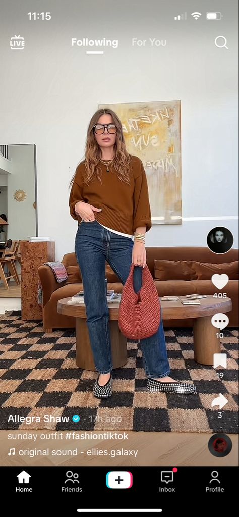 Allegra Shaw, tiktok, outfit, casual, sweater, jeans, studded ballet flats, Khaite hobo bag Khaite Ballet Flat, Studded Ballet Flats Outfit, Studded Flats Outfit, Cream Ballet Flats, Allegra Shaw, Ballet Flats Outfit, Studded Ballet Flats, Casual Fall Outfit, Sweater Jeans