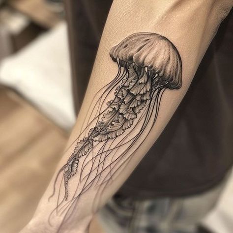 Jellyfish Tattoo Craft Set #tattoo #art #jellyfish #tattooed Jellyfish Leg Tattoo, Trend Tattoos, Rib Tattoo Placements, Tattoo Jellyfish, Unique Jellyfish, Ocean Sleeve, Whimsical Princess, Secret Tattoo, Set Tattoo