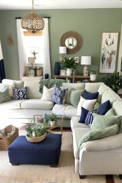 Navy Copper Sage Living Room, Navy Green And Tan Living Room, Farmhouse Sage Green Living Room, Blue Gray And Green Living Room, Blue And Green Lounge Ideas, Gray Couch Living Room Ideas Colorful, Sage Green And Teal Living Room, Navy Green And Cream Living Room, Green Blue Tan Living Room