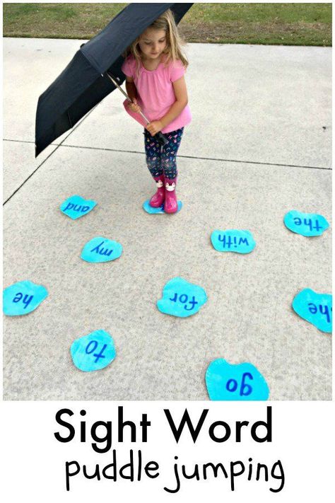 Get outdoors this spring (or stay inside if it's really raining) to practice reading with this fun gross motor sight word game. Game For Preschool, Puddle Jumping, Spring Kindergarten, Teaching Sight Words, Fishing Ideas, Sight Words Kindergarten, Sight Word Games, Kindergarten Learning, Kindergarten Literacy