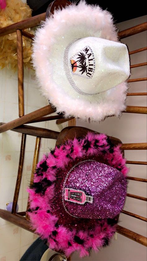 Alcohol Cow Girl Hats, 21 Birthday Cowgirl Hats, Cowboy Hat Themed Party, Pink Whitney Cowgirl Hat, 21st Cowgirl Hat, Diy Pink Cowboy Hat, Drinking Cowboy Hat Diy, Hats Off To You Theme Party Ideas, Liquor Cowgirl Hats Diy