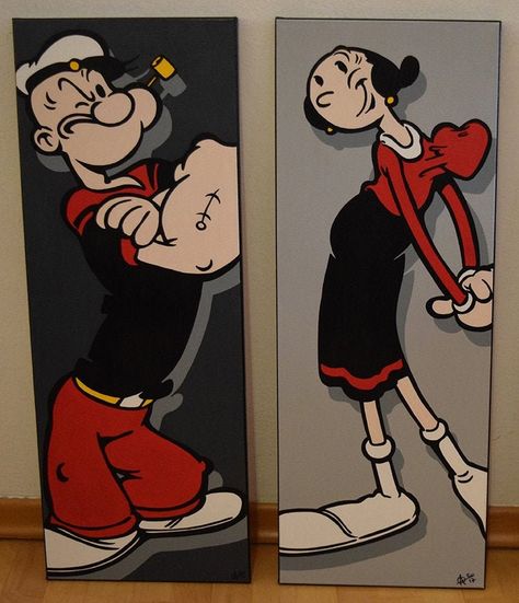 Handcrafted work, hand painted. This work is not intended to affect the existing rights to the original characters and logos reproduced. 2 canvas: Popeye, Olive Oyl Pop Art Popeye, Olivia Characters created by Elzie Crisler Segar and revived in pop art style. Hand-painted canvas with acrylic paints. Single canvas size 30 x 70 cm For works "on order" the processing times may vary according to the requests already received. Popeye Olive, Misty From Pokemon, Popeye And Olive, Olive Oyl, Popular Cartoons, The Originals Characters, Original Characters, Art Pop, Acrylic Canvas