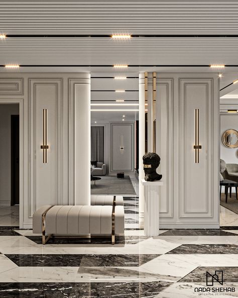 R E C E P T I O N on Behance Classic Entrance Design, Neoclassical Interior Design Luxury, Neoclassic Interior Design, Classic Contemporary Interior Design, Neoclassic Design, Classic Entrance, Neoclassic Interior, Neoclassical Interior Design, Lobby Interior Design