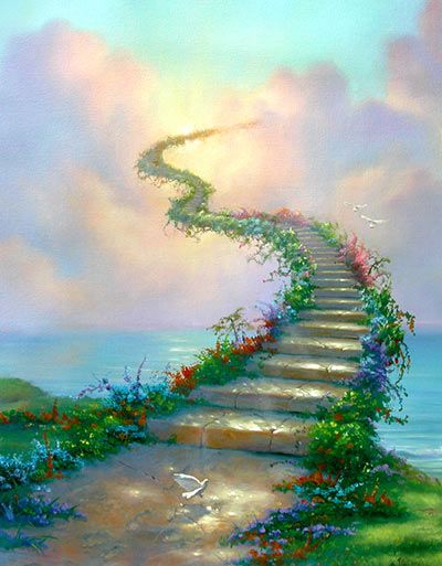 Jim Warren - Stairway to Heaven Heaven Artwork, Nature Paintings Acrylic, Heaven Painting, Stairs To Heaven, Heaven Art, Beautiful Angels Pictures, Way To Heaven, Beautiful Wallpapers Backgrounds, Angel Pictures