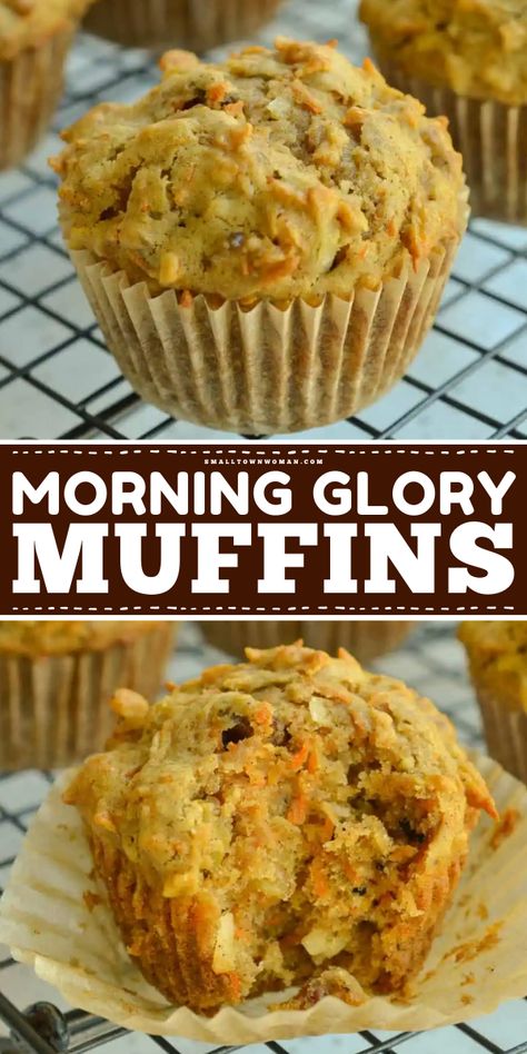 Learn how to make Morning Glory Muffins! They're a simple breakfast idea or easy brunch recipe. Loaded with dried fruit, carrots, nuts, and spices, these breakfast muffins are also a delicious snack recipe! Quick Easy Brunch Ideas Simple, Savoury Muffins Recipes, Moist Muffin Recipes, Holiday Muffins, Breakfast Muffins Recipes, Baking Recipes Muffins, Scones Breakfast, Cobbler Muffins, Popsicle Cocktail