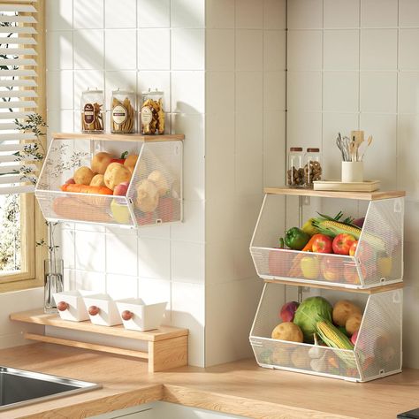 3 Pack Fruit Basket for Kitchen, Stackable Fruit Bowl for Potato and Onion Storage, Wall Mounted Wire Basket with Wood Lid for Fruit and Vegetable Storage, Hanging Pantry Storage Snack Organizer - Walmart.com Basket For Dishes, Creative Kitchen Storage Fruit, Kitchen Organizer Baskets, Produce Baskets On Wall Farmhouse, Fruit Display Kitchen Counter Space, Counter Top Storage 2 Tier Fruits, Wicker Basket In Kitchen Storage, Wicker Baskets Storage Kitchen, Potato Storage Apartment