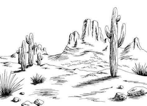 19,800+ Desert Drawings Illustrations, Royalty-Free Vector Graphics & Clip Art - iStock Desert Drawings, Scenic Tattoo, Desert Drawing, Desert Tattoo, Prairie Landscape, Drawing Sunset, Cactus Drawing, Desert Area, Arizona Landscape