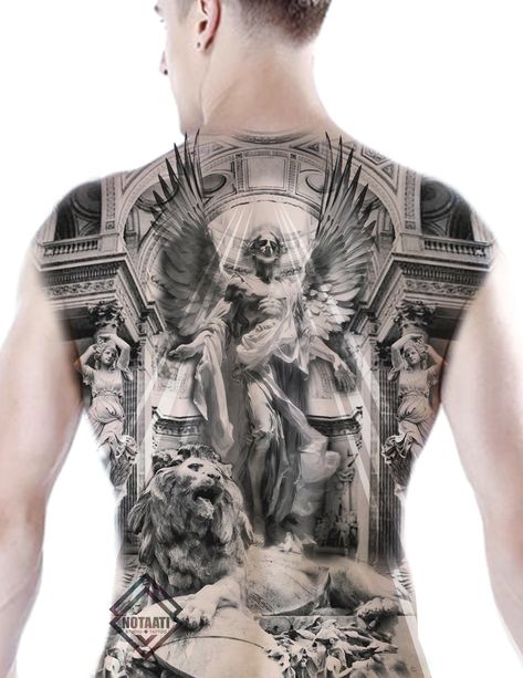 My design for full back tattoo Realistic Tattoo Ideas, Angel Back Tattoo, Angle Tattoo, Full Chest Tattoos, Roman Tattoo, Vietnam Tattoo, Archangel Tattoo, Chicano Tattoos Sleeve, Torso Tattoos