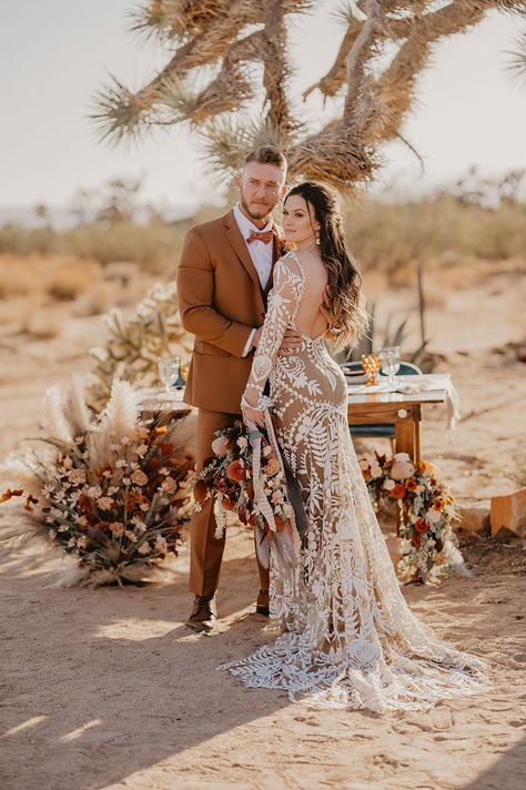 Desert Sage Bohemian Bridal Shoot in Joshua Tree - Hey Wedding Lady Vintage Boho Photoshoot, Western Wedding Gowns Bridal, Dessert Wedding Dress, Desert Vow Renewal, Desert Wedding Dresses, Desert Bridal Shoot, Rustic Desert Wedding, Western Desert Wedding, Boho Wedding Groom