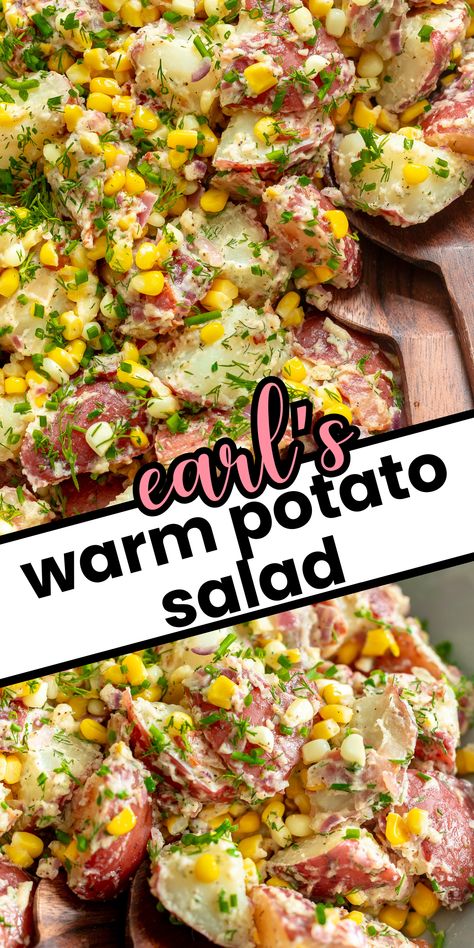 This Earl's warm potato salad recipe takes the classic potato salad and kicks it up a notch with warm, tender potatoes, crispy bacon, and a creamy, flavorful dressing. Perfect for family dinners, BBQs, or just because, this side dish recipe is easy to make and delicious. Earls Potato Salad, Warm Potato Salad Earls, Warm Potato Salad With Bacon, Earls Warm Potato Salad, American Potato Salad, Warm Potato Salad, Potatoes Crispy, Potatoe Recipes, Family Breakfast Recipes