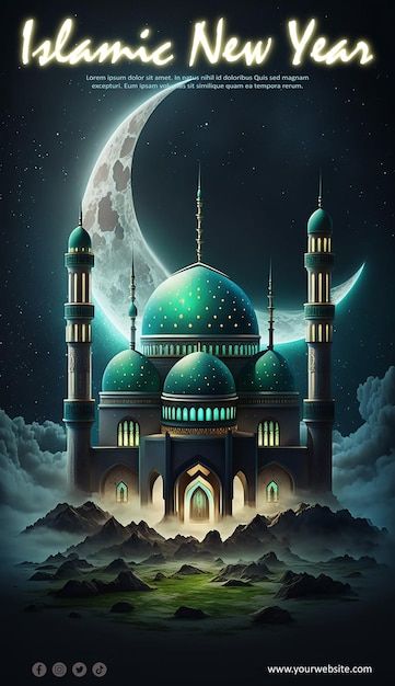 Islamic New Year Poster, 3d Mosque, Wall Peper, Cloudy Background, Happy Islamic New Year, New Year Poster, Year Poster, Islamic New Year, Photoshop Tutorial Design