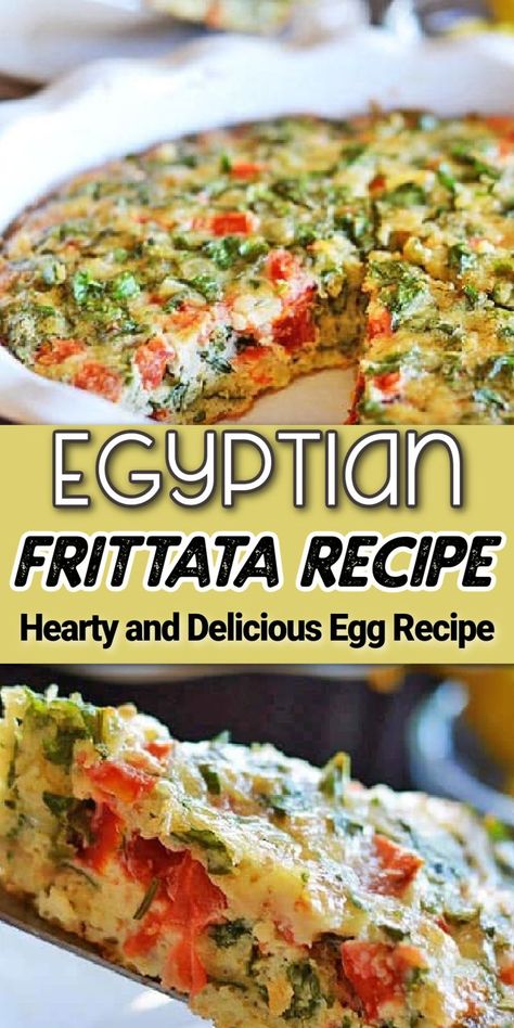 An egg Frittata recipe with Pinterest overlay. Breakfast Frittata, Frittata Recipe, Persian Cuisine, Egyptian Food, Veg Dishes, Frittata Recipes, Halal Recipes, Eastern Cuisine, Egg Dish