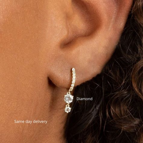 Diamond Hoop Earrings Small, Hoop Earrings With Charm, Hoops With Charms, Diamond Huggie Earrings, Diamond Huggies, Minimal Earrings, Simple Diamonds, Diamond Dangle Earrings, Earrings Diamond