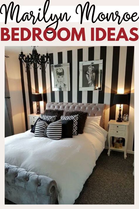 Marilyn Monroe is so iconic that her glitz, glam, and elegance has captured a lot of people. And if you are one of those people who love her iconic essence and is wanting to design your bedroom with her being your inspiration, then this list is for you. ( 25 Marilyn Monroe Bedroom Ideas to Keep You Smiling ) #MarilynMonroe #vintagestyle #bedroomideas #homedecor Black And White Striped Wall Bedroom, Black Room With White Furniture, Black And White Stripe Bedroom, Black And White Stripe Wall, Black Striped Wall, Striped Walls Bedroom, Marilyn Monroe Bedroom, Striped Bedroom, White Bedroom Decor