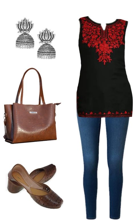 Short black kurti, college outfit ideas, Indian wear, kurti inspo, casual College fits Casual College Fits, Outfit Ideas Indian, College Outfit Ideas, Plain Kurti, Outfits For College, Black Kurti, Kurti Embroidery, College Outfit, Embroidery On Kurtis