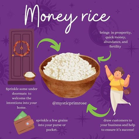 LILLY STATHAM | Witchcraft & IG COACH 💜 on Instagram: "Money & prosperity rice is designed to help bring good luck into your home whilst drawing in money, wealth, prosperity, and abundance. ✨💜 #moneyrice #witchcraft 👉🏻 available from mysticprimrose.com" Money Rice, Instagram Money, Prosperity Spell, Magickal Herbs, Witch Herbs, Jar Spells, Spell Jars, Prosperity And Abundance, Bring Good Luck