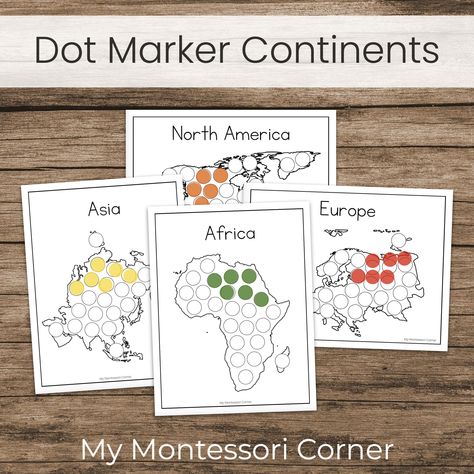 These simple world continent dot marker worksheets make a great fine motor complement to your preschool or kindergarten geography studies. You can use bingo daubers in the traditional Montessori colors to further reinforce your Montessori continent lessons. This set includes 8 continent pages: Africa, Antarctica, Asia, Australia, Europe, North America, South America, and Oceania (with the same image as Australia). What you will receive: - One PDF file, size 8.5 by 11 inches - 8 dot marker worksheets with the continents labeled ------------------------------------------------- You may also be interested in these World Continents shadow matching cards: https://www.etsy.com/listing/1393829501/ Or you may like my world continent lacing cards: https://www.etsy.com/listing/1387287416/ ---------- Preschool Continent Activities, South America Preschool, Kindergarten Geography, Geography Printables, World Continents, Continents Activities, Montessori Geography, Montessori Color, Continents And Oceans