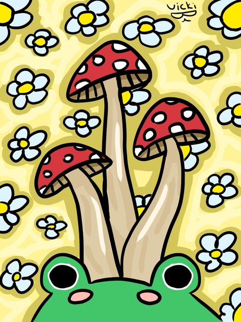 Cute Mushrooms Painting, Funky Mushroom Painting, Cool Mushroom Drawings Trippy, Posca Mushroom, Mushroom Frog Painting, Mushroom Frog Drawing, Mashrooms Drawing Indie Easy, Mushroom Painting Aesthetic, Frog And Mushroom Drawing