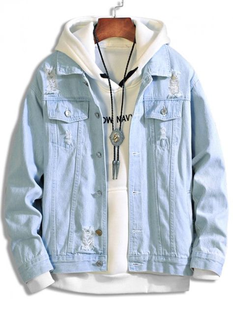 Solid Color Ripped Decorated Denim Jacket - Light Blue M #mensfashion #mensclothing #clothes #outwear #jacket #coat Denim Jacket Diy, Denim Vest Outfit, Light Blue Jean Jacket, Denim Shirt Outfit, Jean Jacket Men, Vintage Man, Vintage Hip Hop, Jeans Jacket, Vintage Denim Jacket